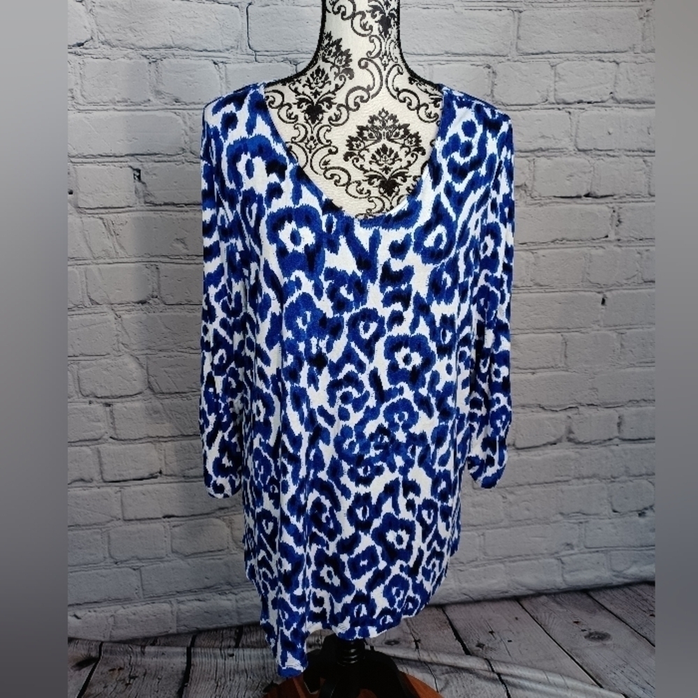 Chico's women's long sleeve stretch knit geometric print popover top size 3 bb10